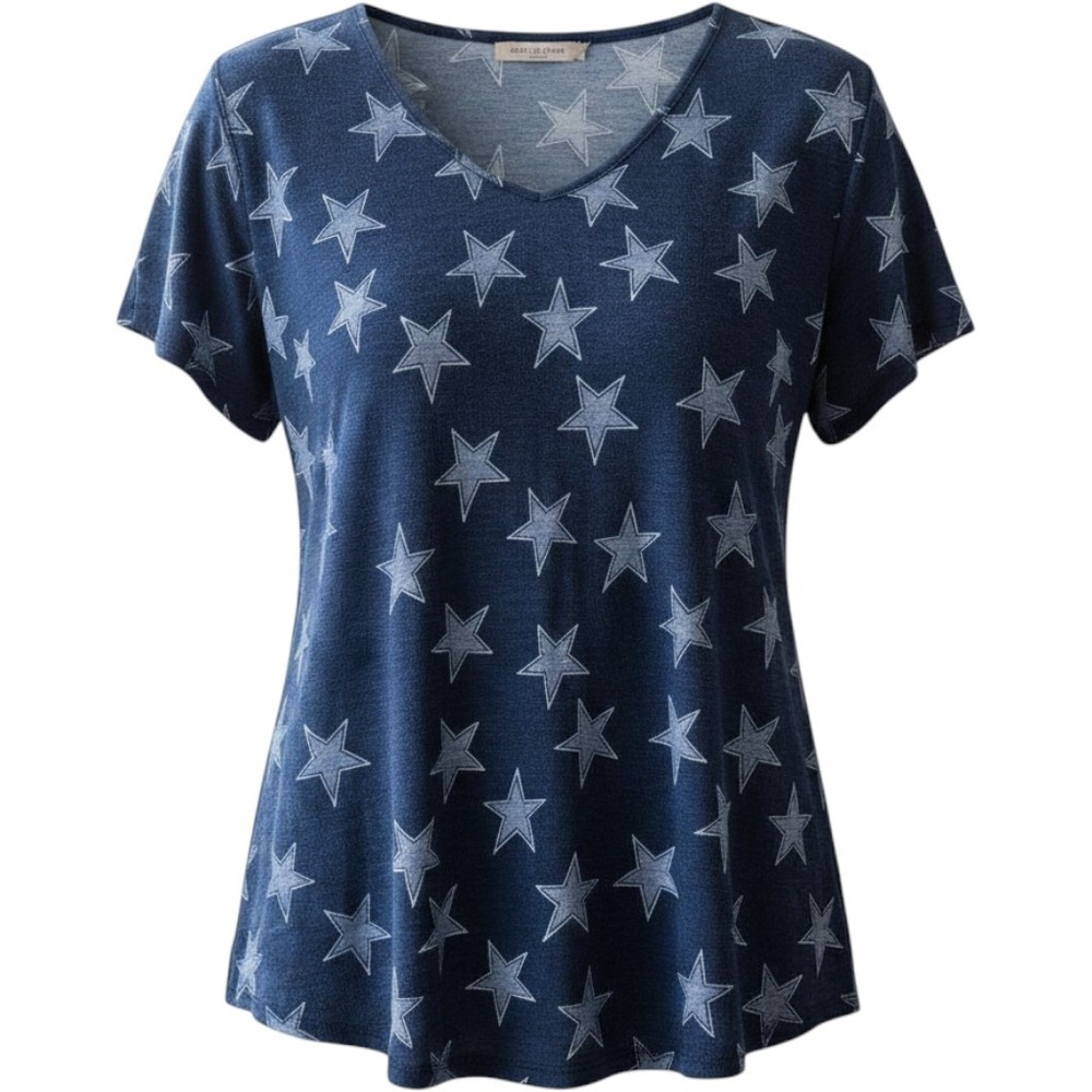 Zim & Zoe Womens Plus Size 26/28‎ Navy Blue Star Print Cotton V-Neck T-Shirt